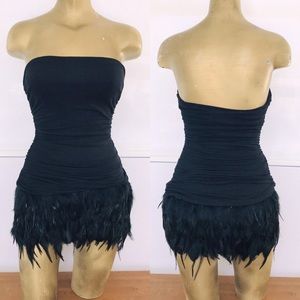 Misope FEATHER Trimmed STRAPLESS Ruched BODYCON Mini DRESS Small